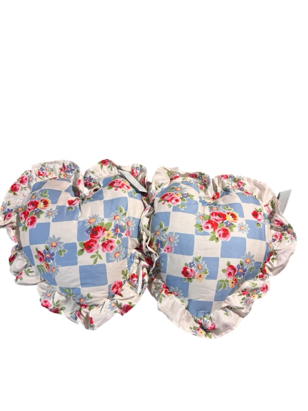 Cath Kidston DAISY ROSE CHECK RUFFLE HEART BLUE throw pillows set of 2 NWT